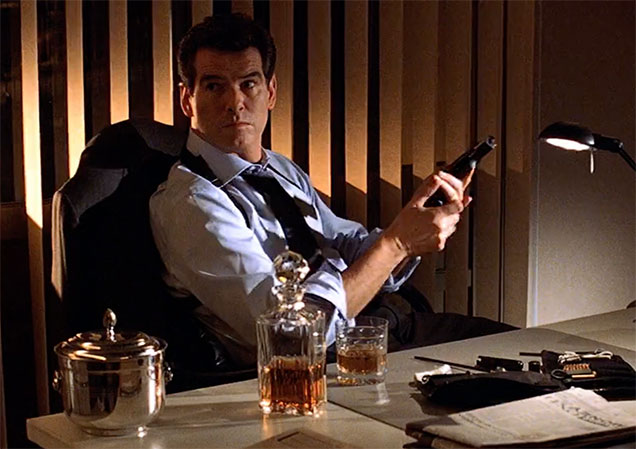 photo © Danjaq LLC, MGM A Cumbria Crystal Helvellyn Double Old Fashioned Tumbler on the desk of James Bond (Pierce Brosnan) in Die Another Day.